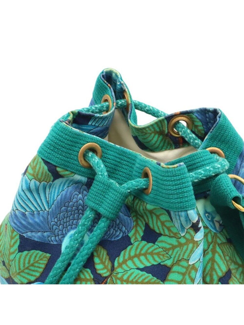 Hermes Shoulder Bag Drawstring Botanical Bird Print Parakeet Canvas Green Blue - Picture 5 of 8